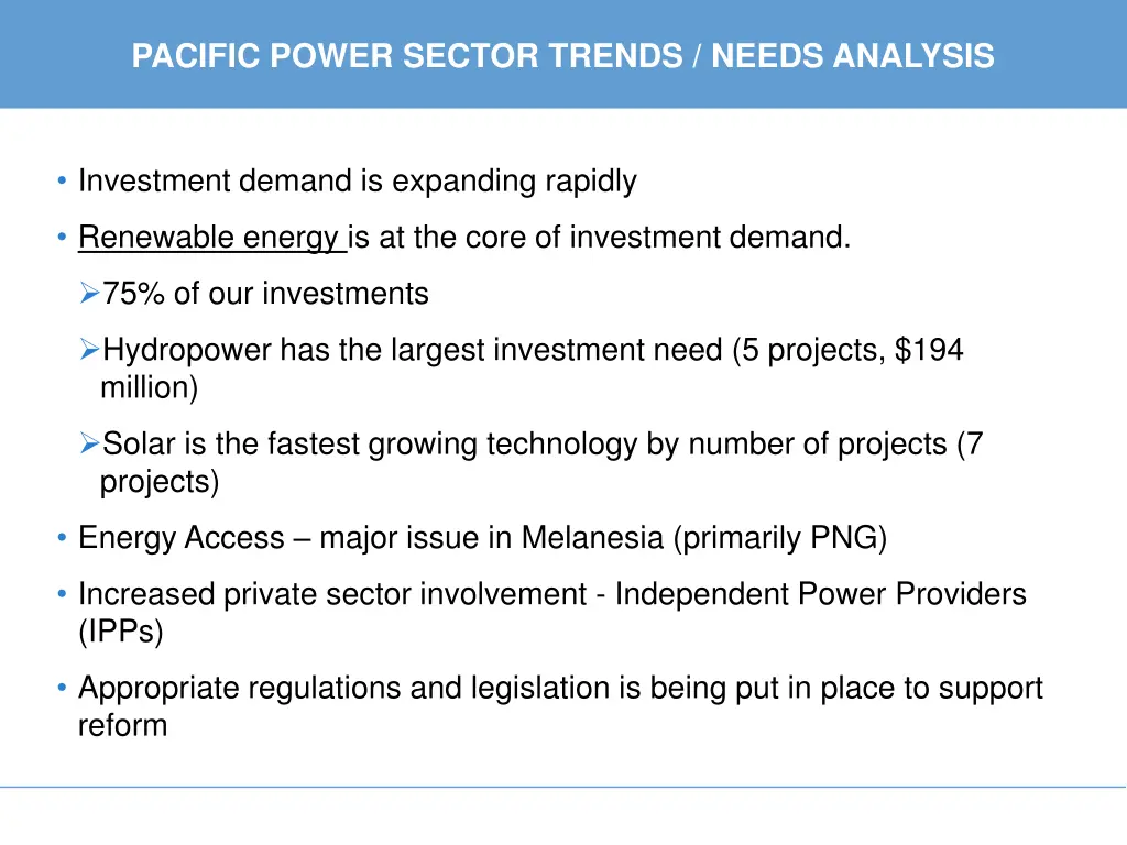 pacific power sector trends needs analysis