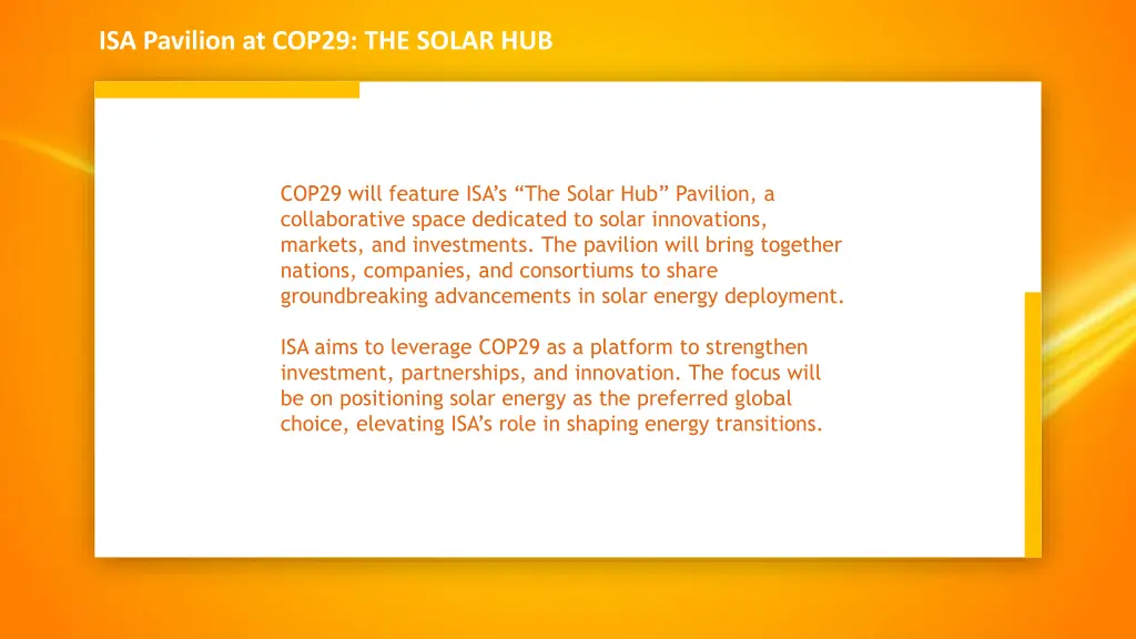 isa pavilion at cop29 the solar hub