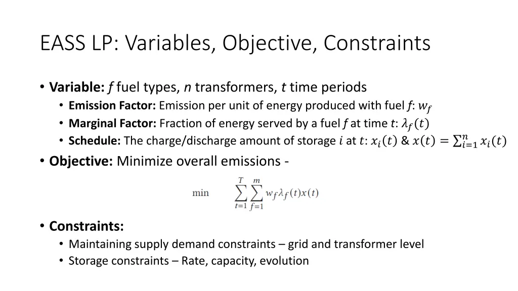 eass lp variables objective constraints