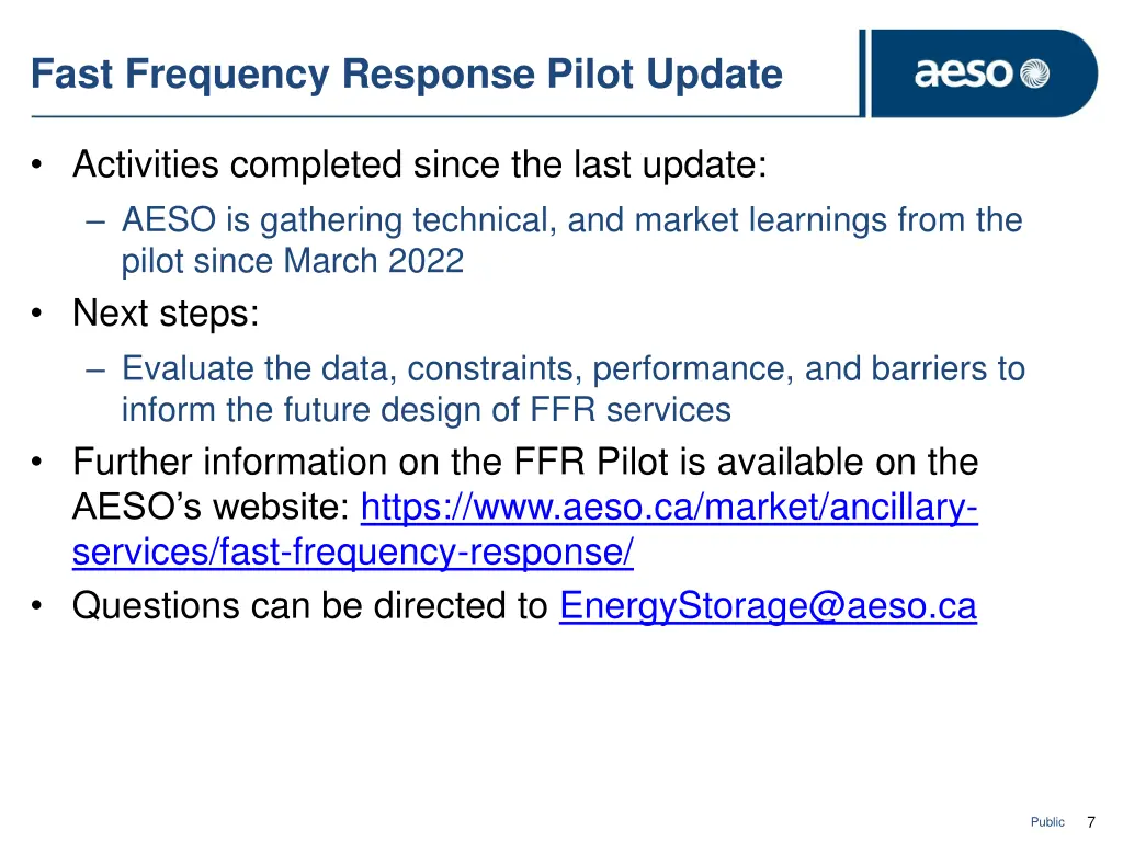 fast frequency response pilot update