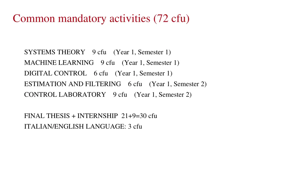 common mandatory activities 72 cfu