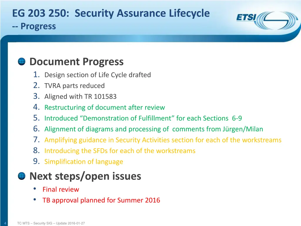 eg 203 250 security assurance lifecycle progress