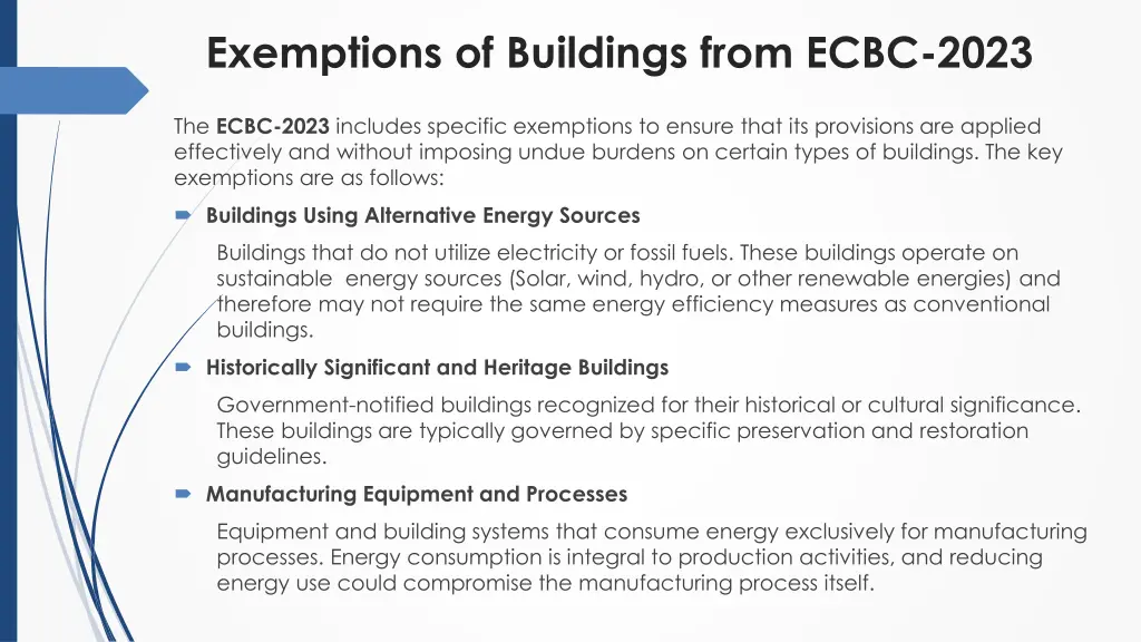 exemptions of buildings from ecbc 2023