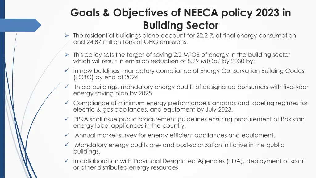 goals objectives of neeca policy 2023 in building