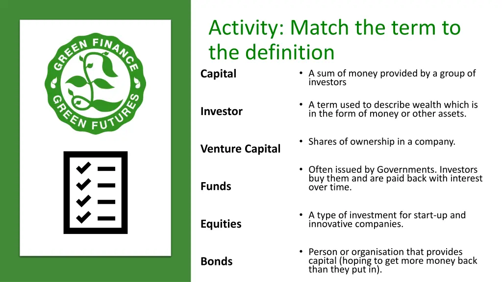 activity match the term to the definition capital