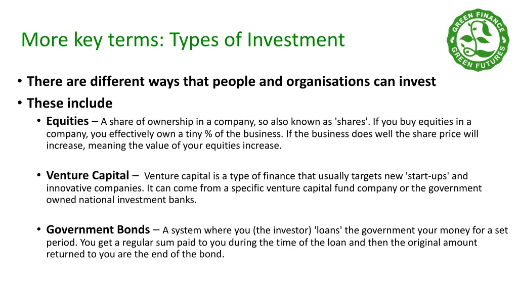 more key terms types of investment