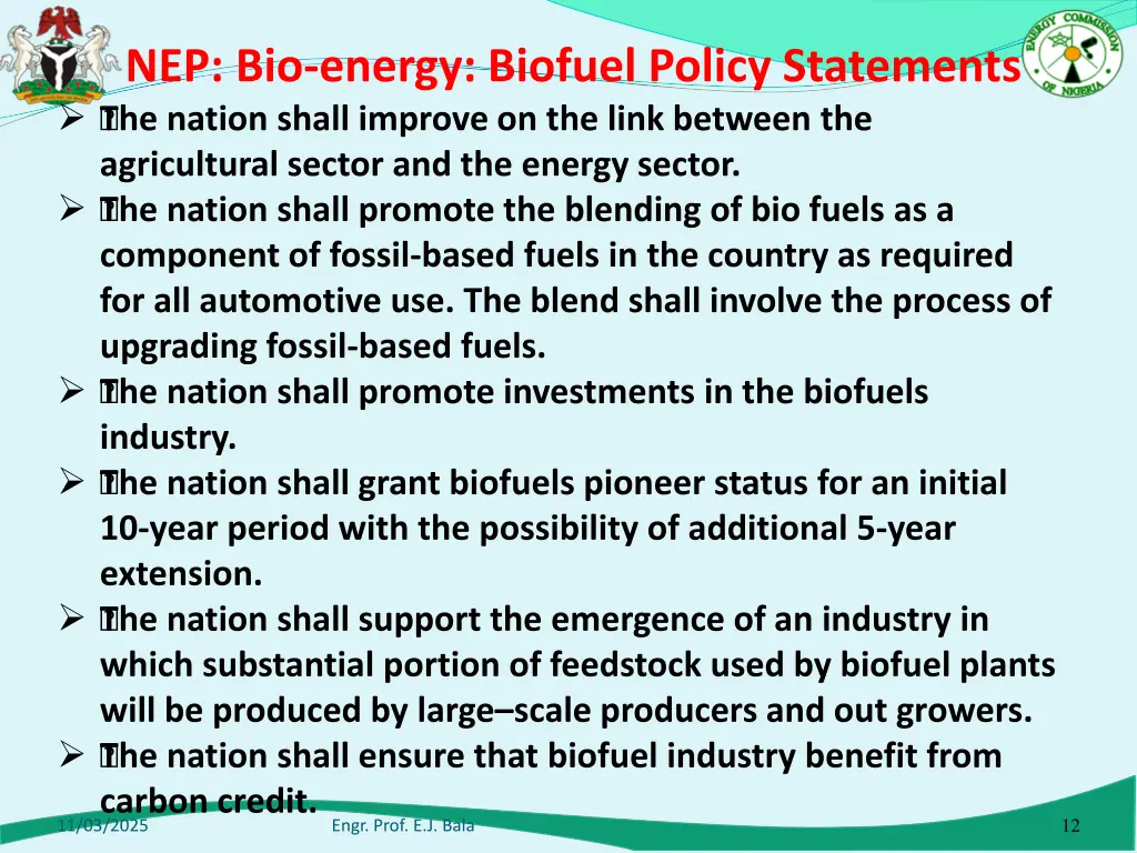 nep bio energy biofuel policy statements