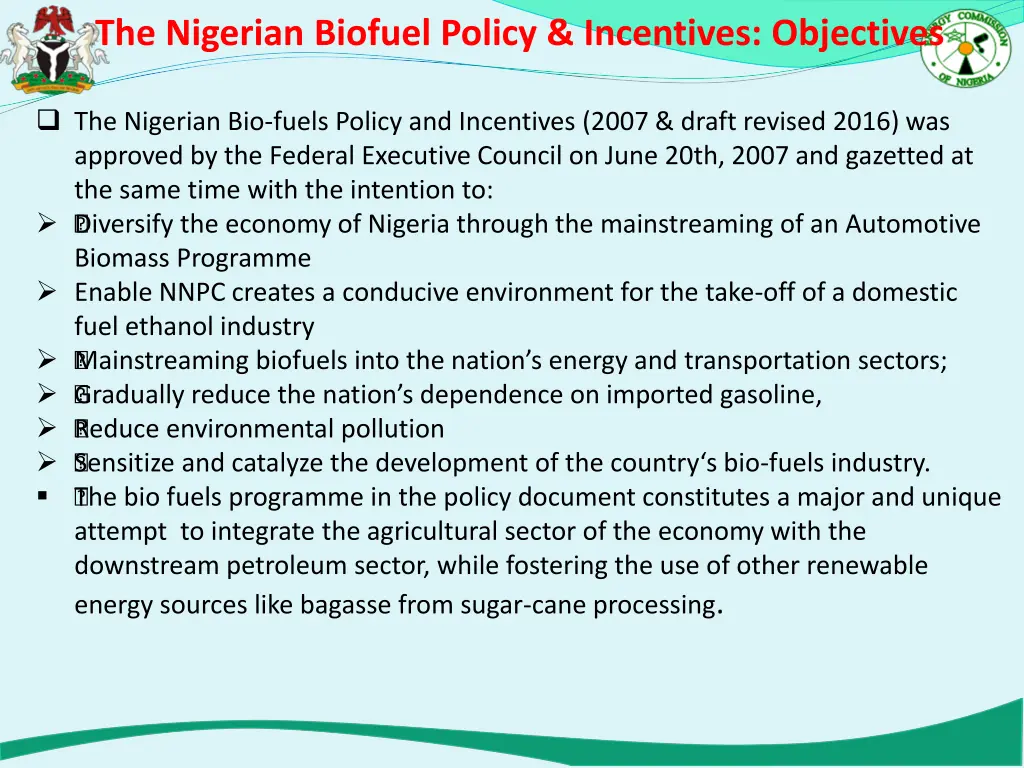 the nigerian biofuel policy incentives objectives