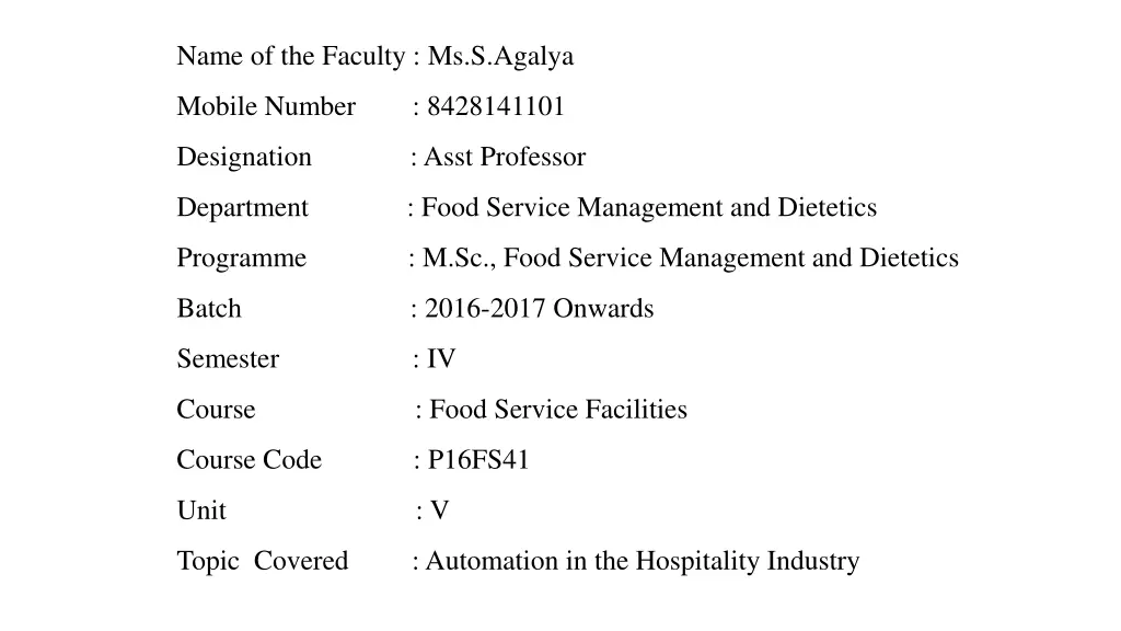 name of the faculty ms s agalya