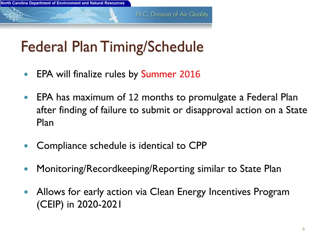 federal plan timing schedule