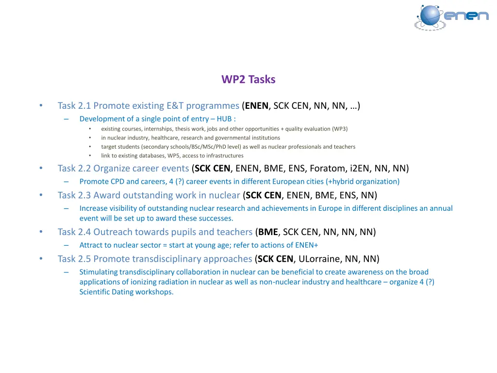 wp2 tasks