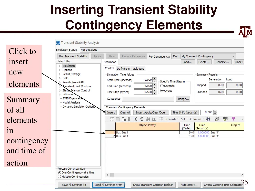 inserting transient stability contingency elements