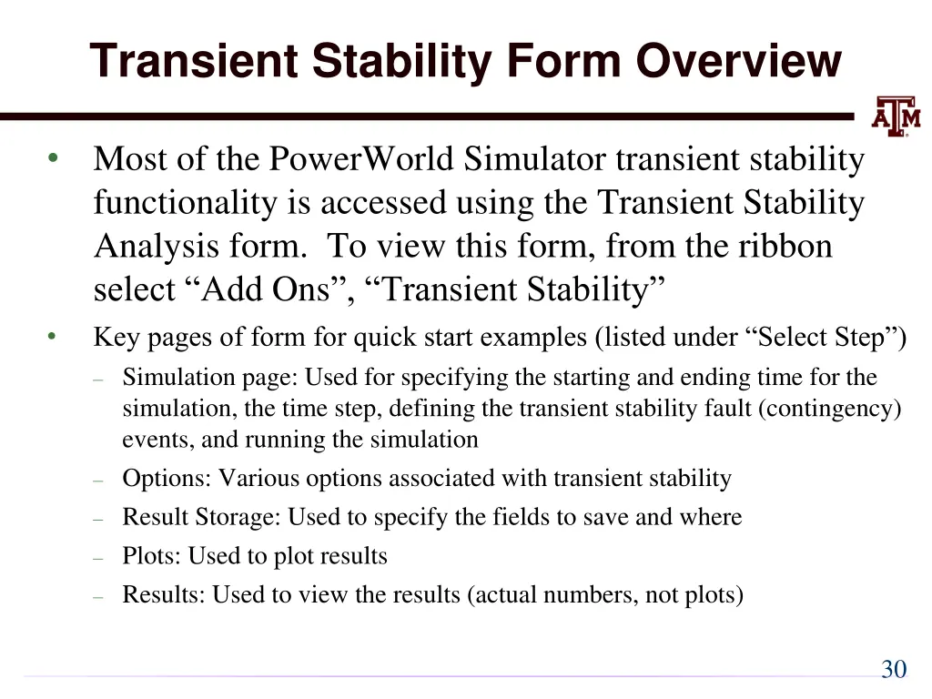 transient stability form overview
