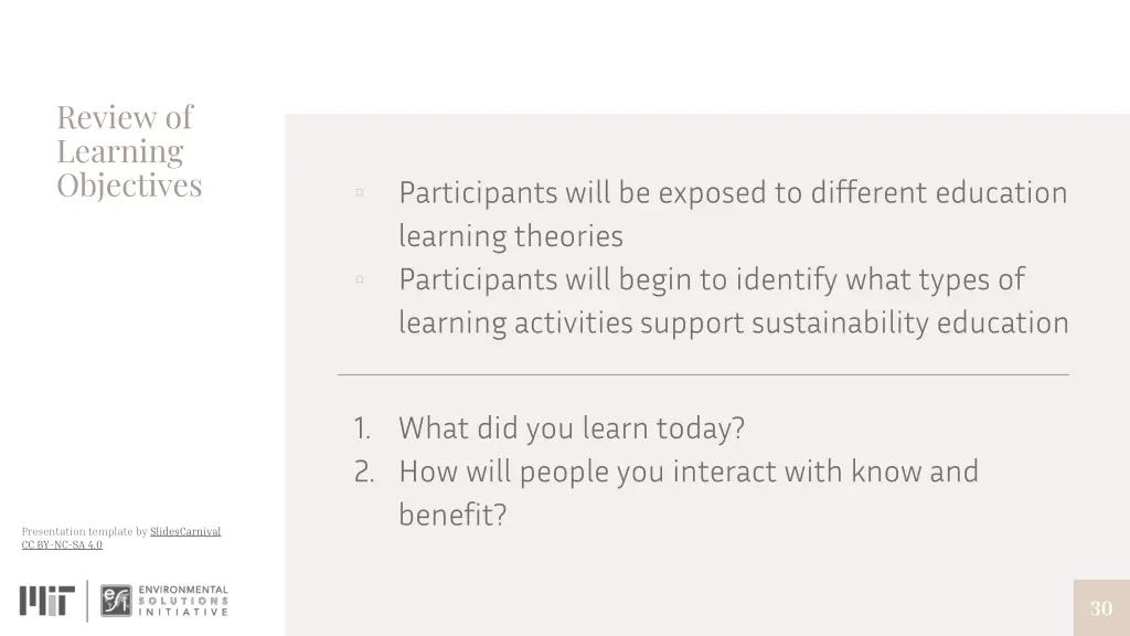 review of learning objectives
