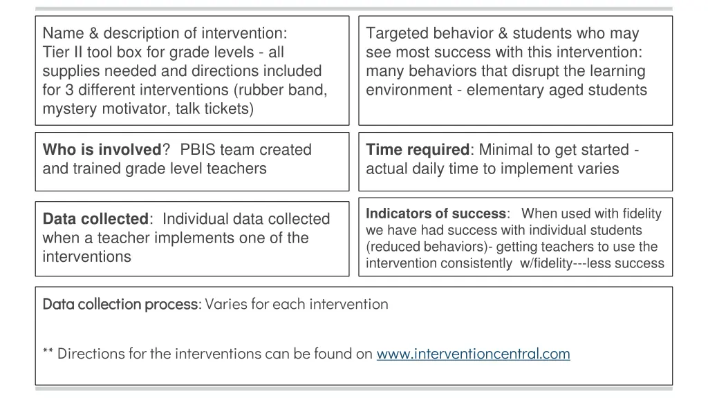name description of intervention tier ii tool