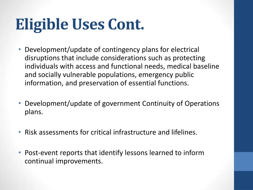 eligible uses cont