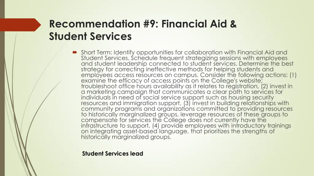 recommendation 9 financial aid student services