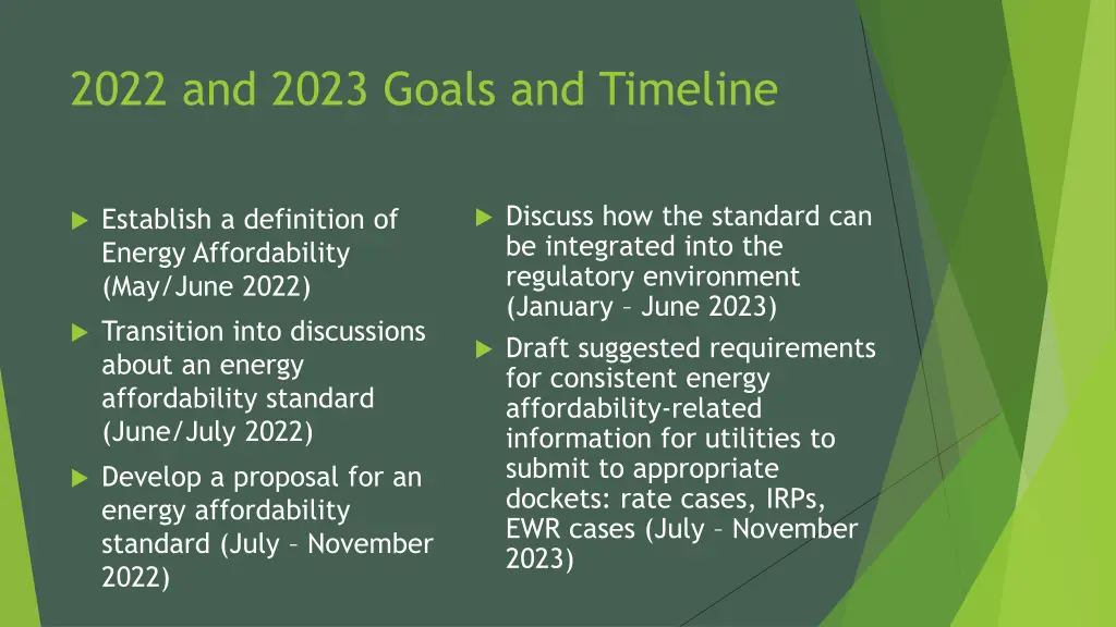 2022 and 2023 goals and timeline