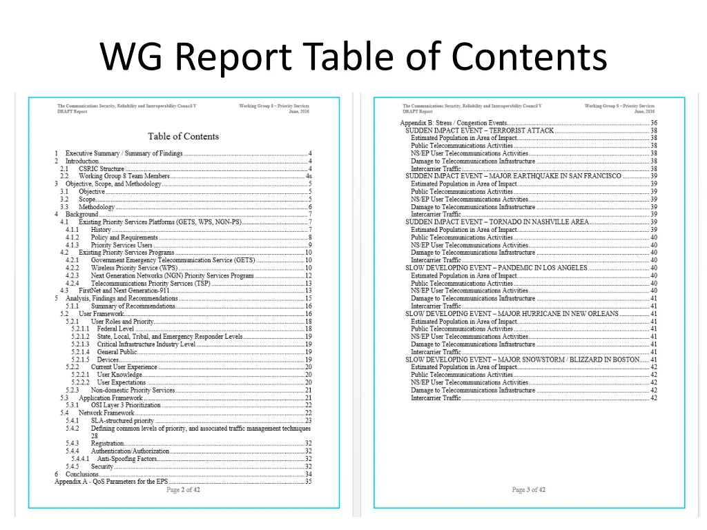 wg report table of contents