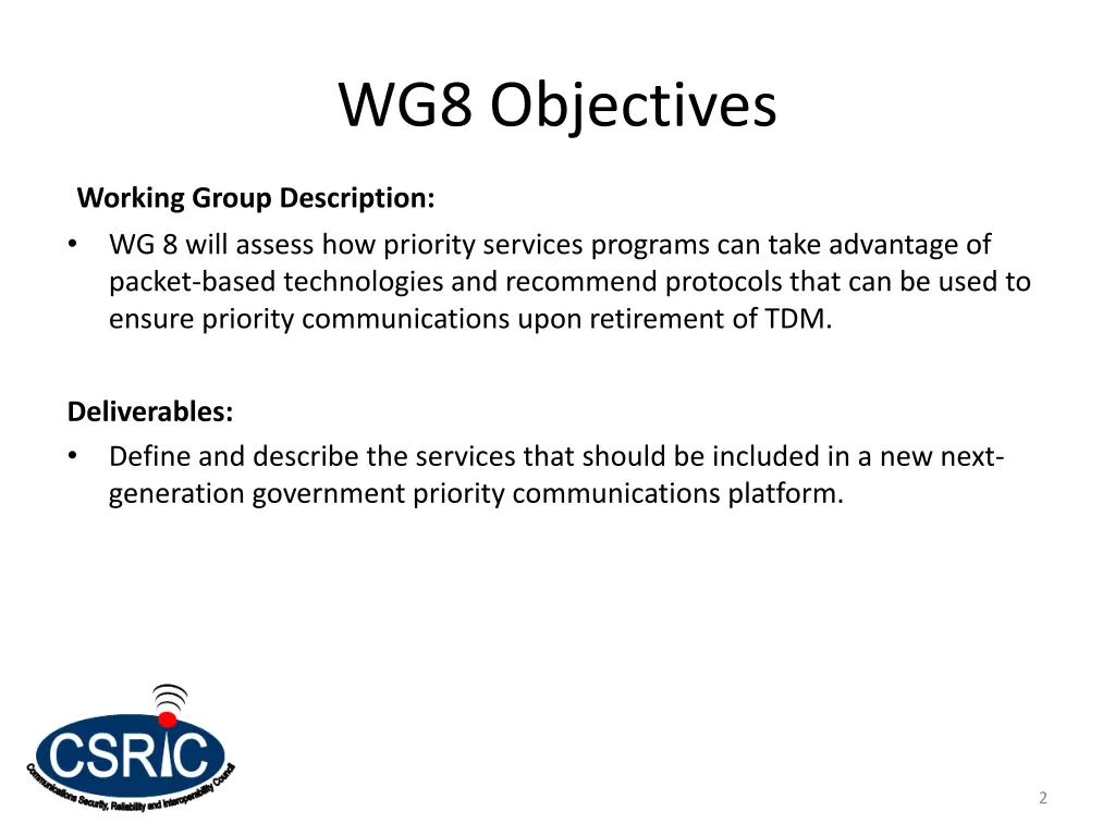 wg8 objectives