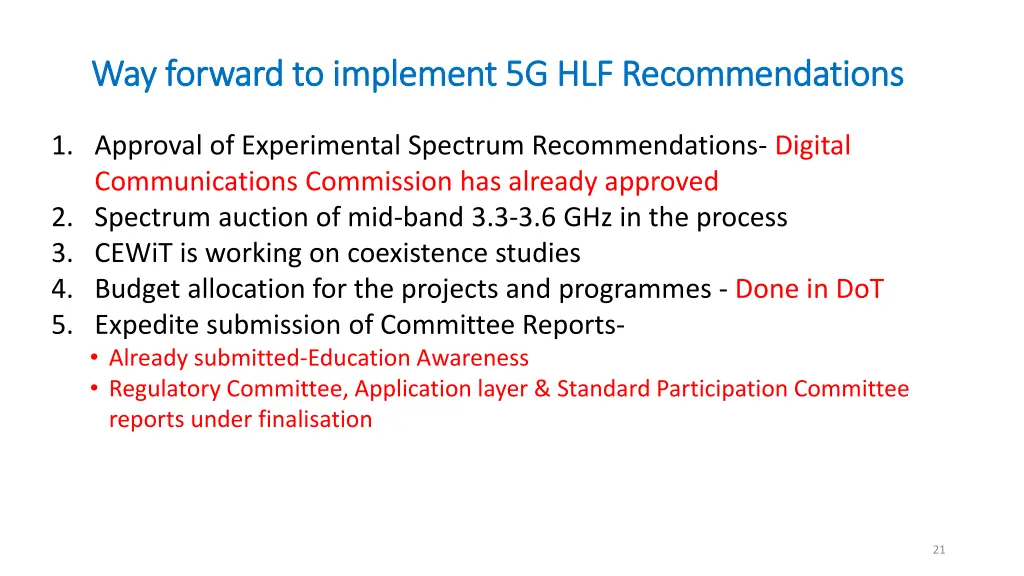 way forward to implement 5g hlf recommendations