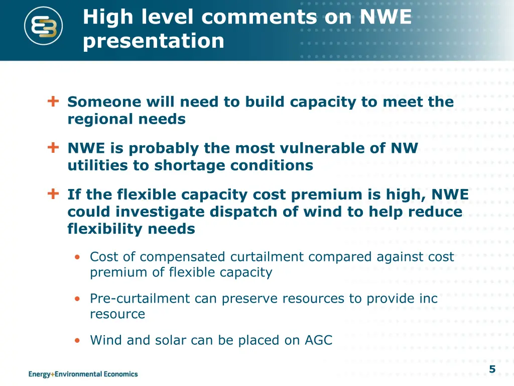 high level comments on nwe presentation