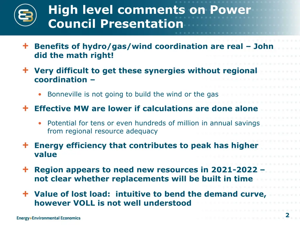 high level comments on power council presentation