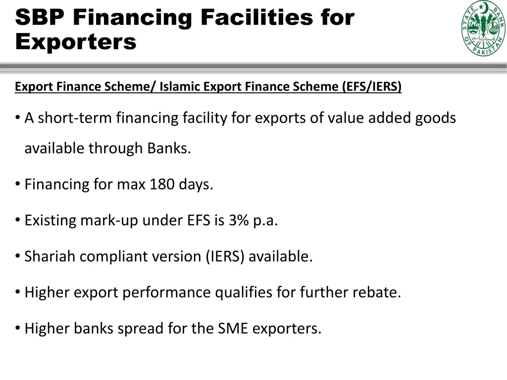 sbp financing facilities for exporters