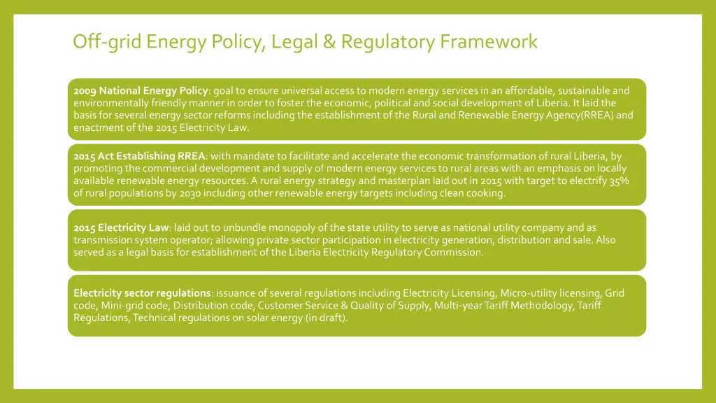 off grid energy policy legal regulatory framework