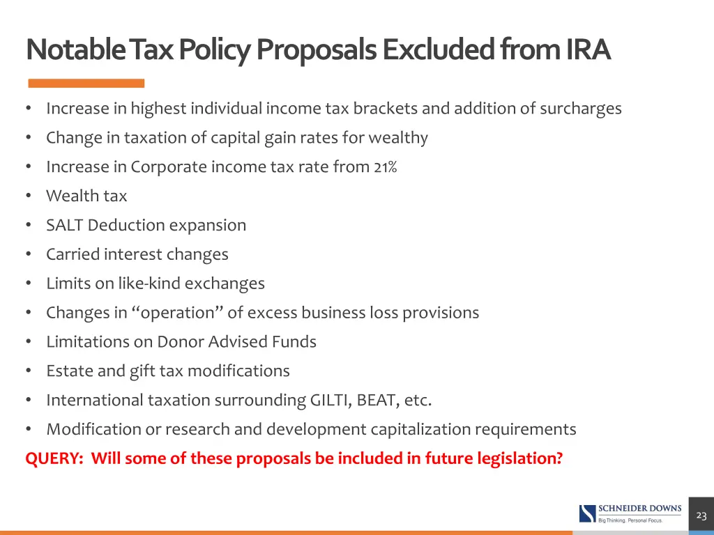 notable tax policy proposals excluded from ira