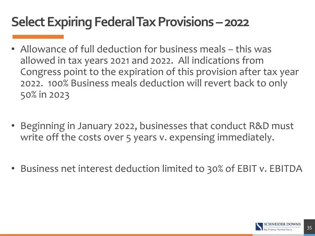 select expiring federal tax provisions 2022