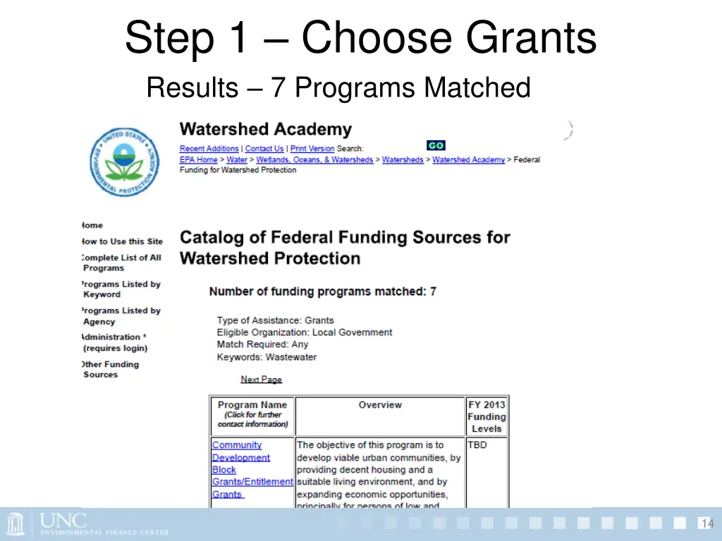 step 1 choose grants results 7 programs matched