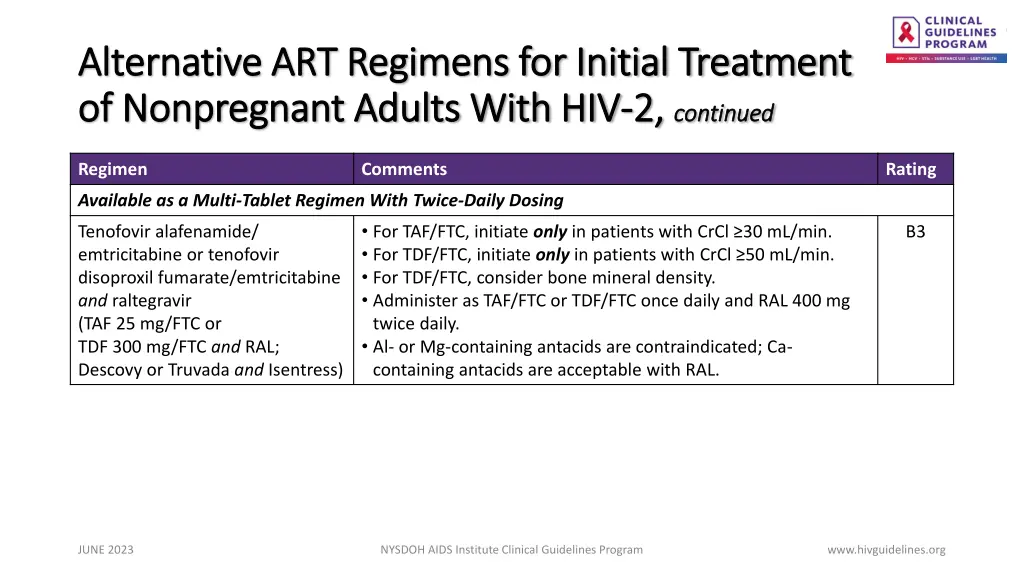 alternative art regimens for initial treatment 1