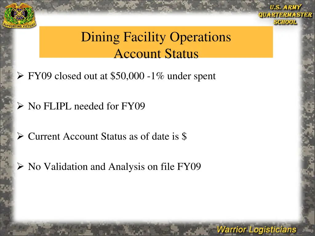 dining facility operations account status