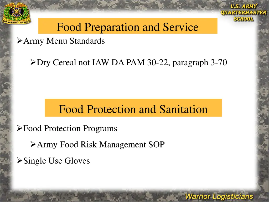 food preparation and service army menu standards
