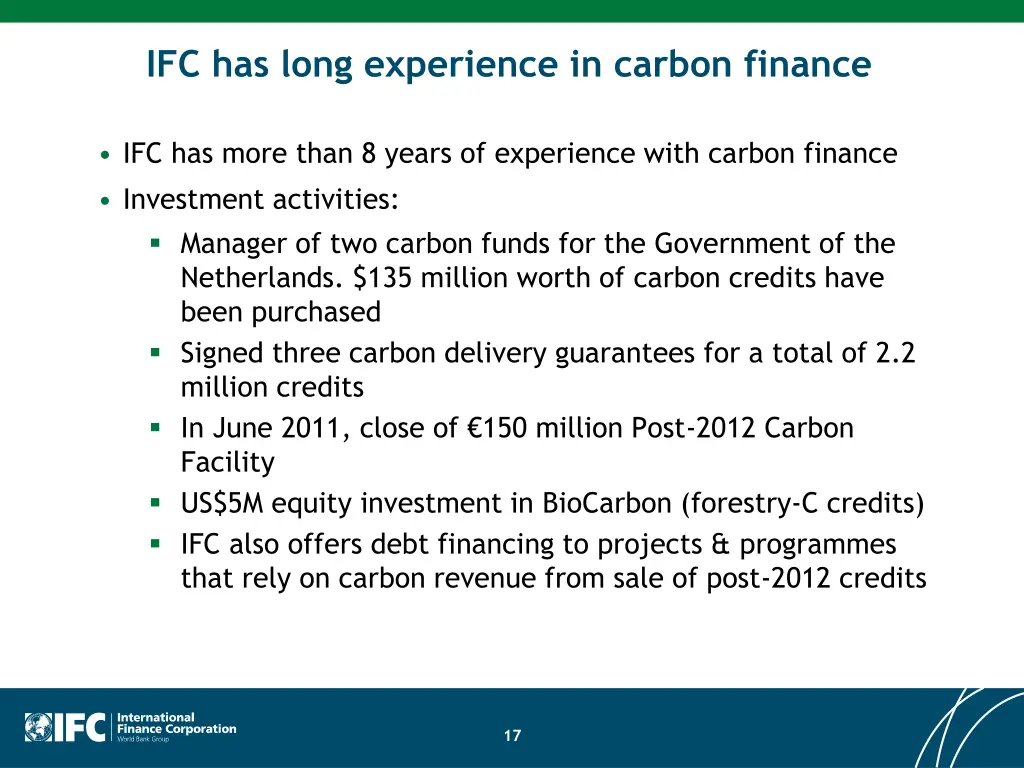 ifc has long experience in carbon finance
