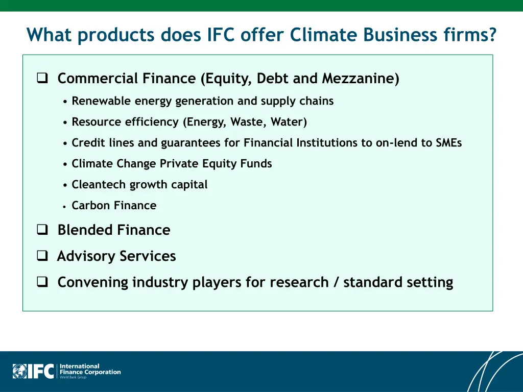 what products does ifc offer climate business
