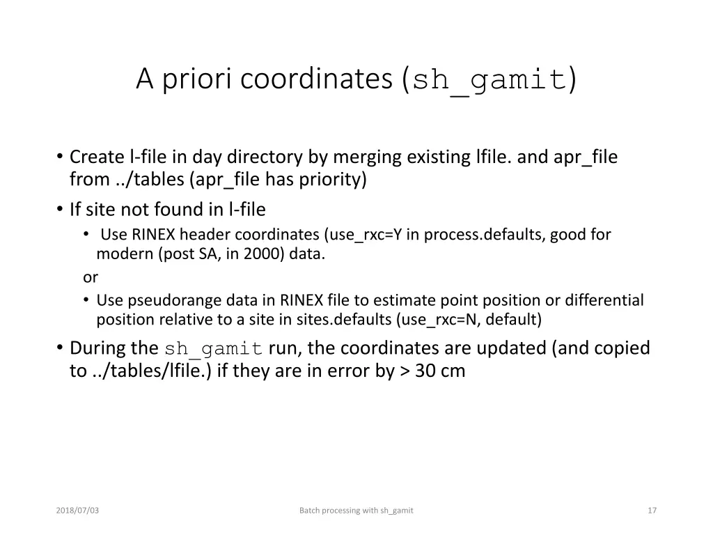 a priori coordinates sh gamit