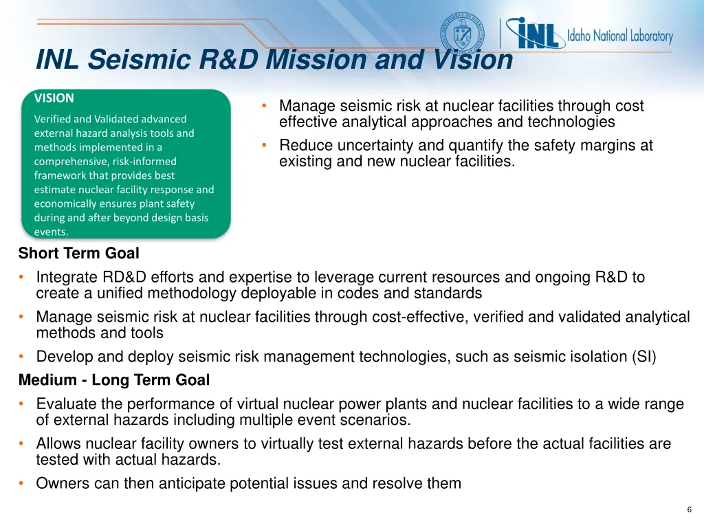 inl seismic r d mission and vision
