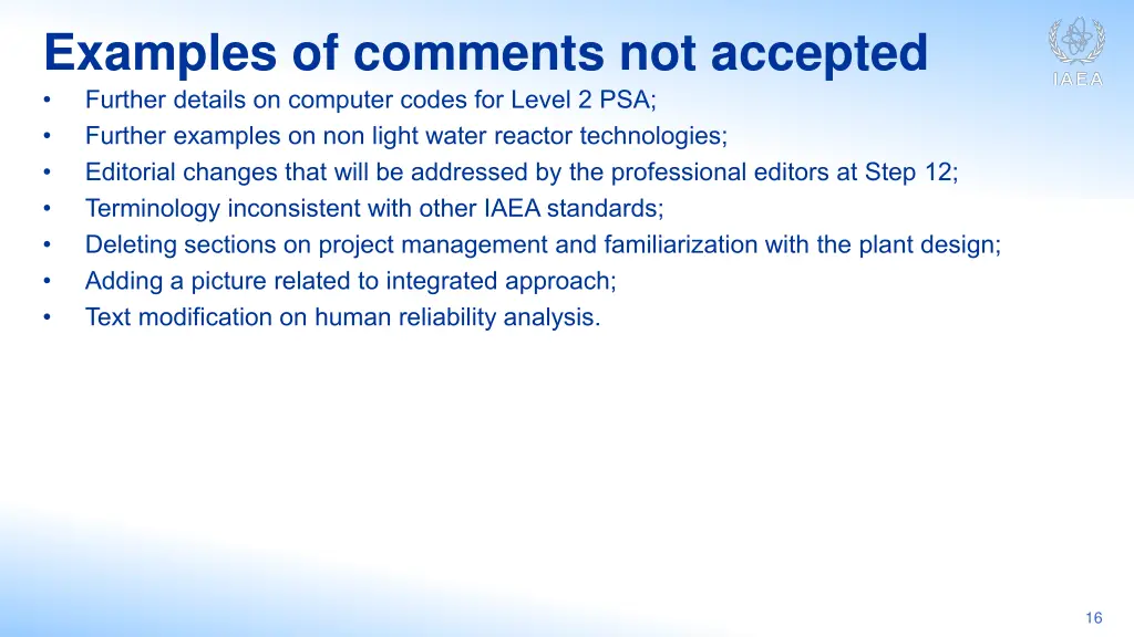 examples of comments not accepted further details