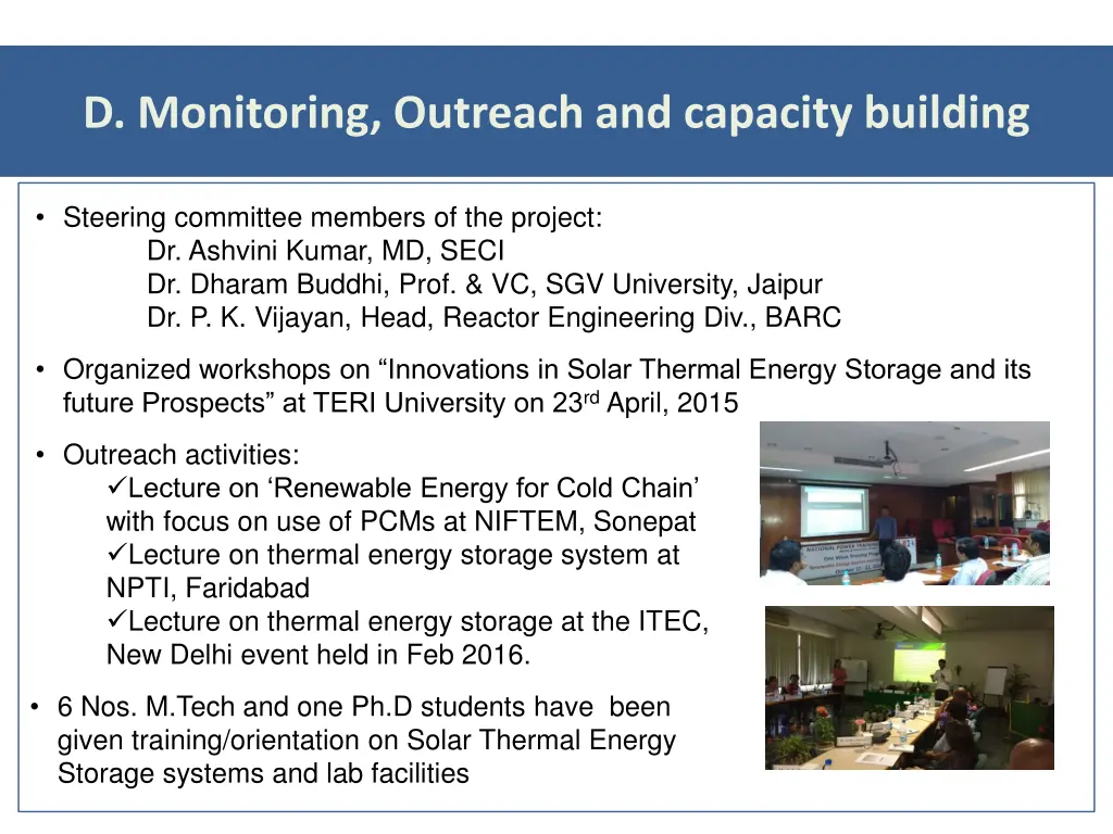 d monitoring outreach and capacity building