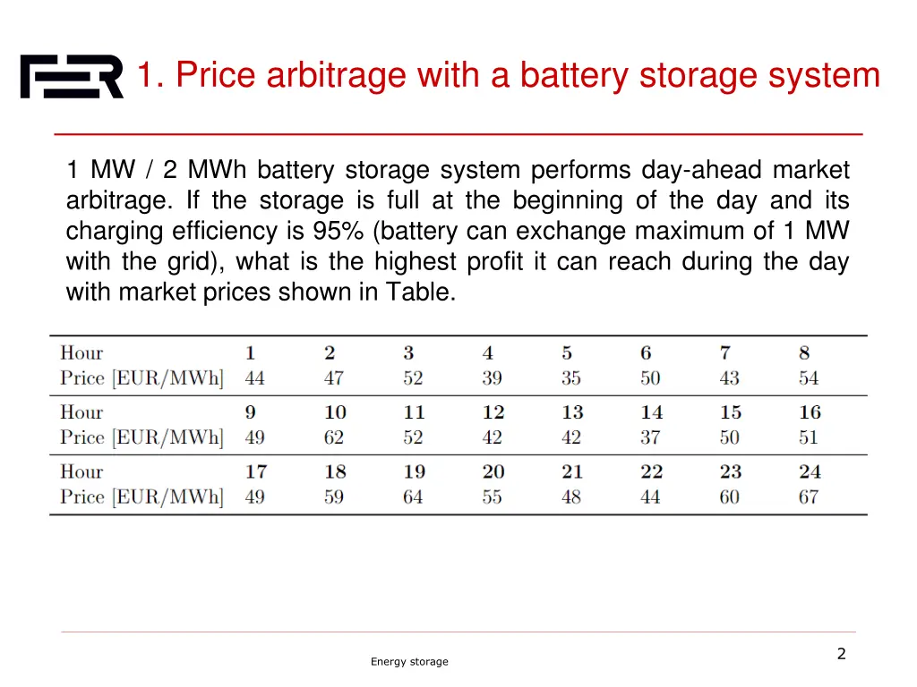 1 price arbitrage with a battery storage system