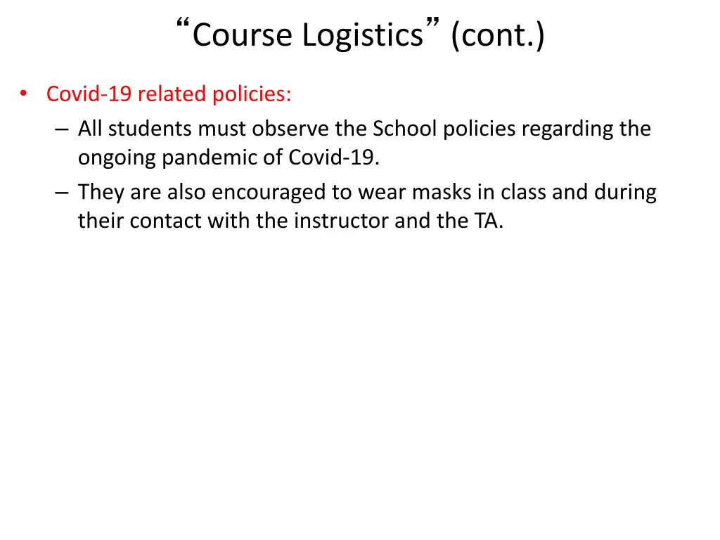 course logistics cont