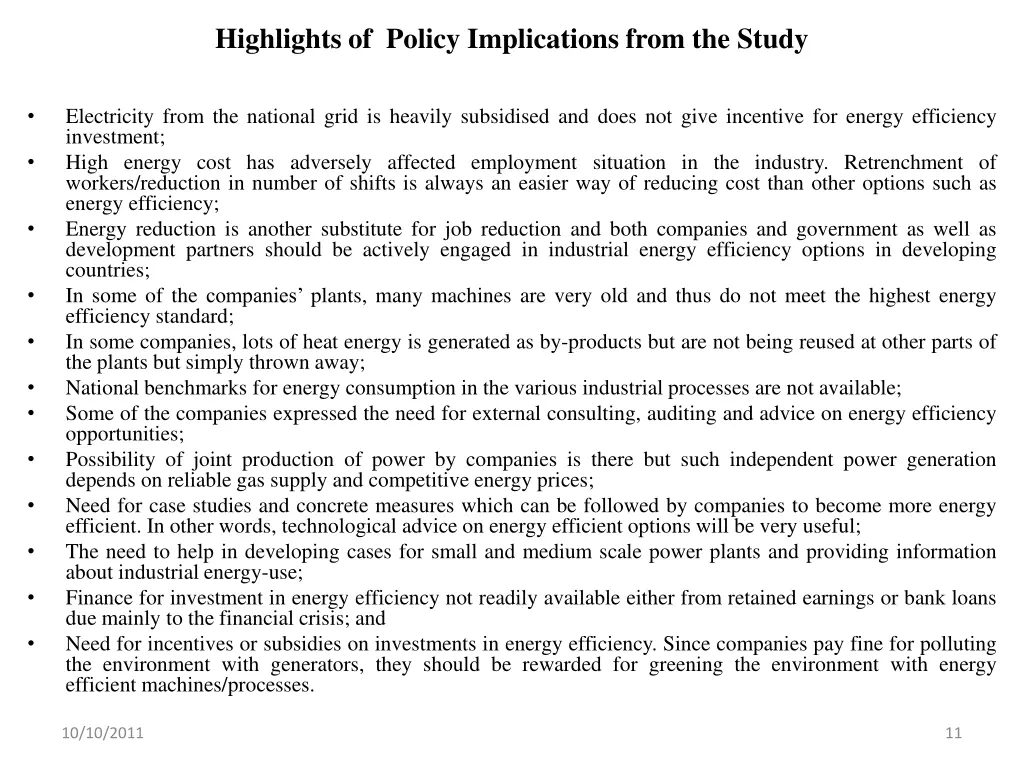highlights of policy implications from the study