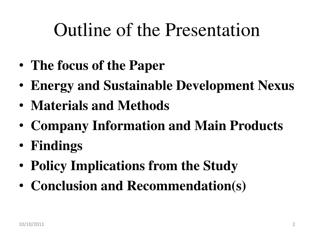outline of the presentation