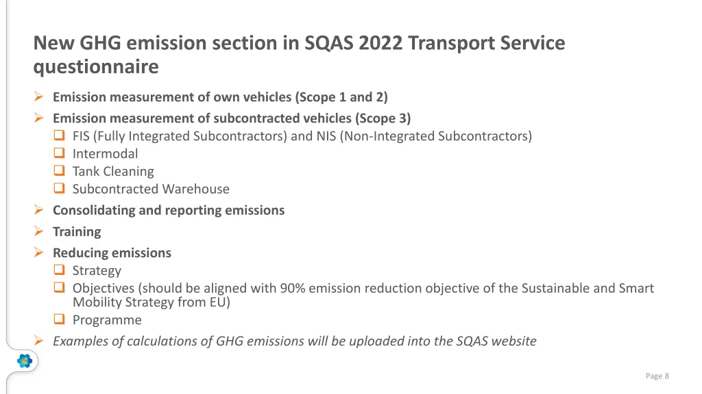 new ghg emission section in sqas 2022 transport