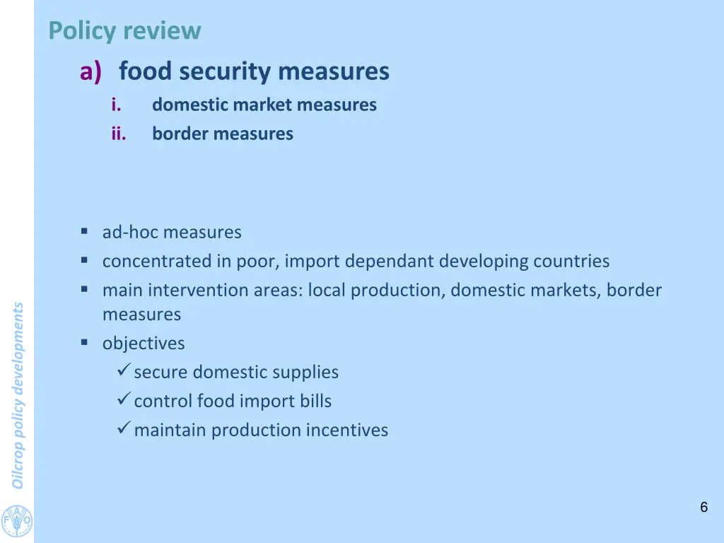 policy review a food security measures i domestic