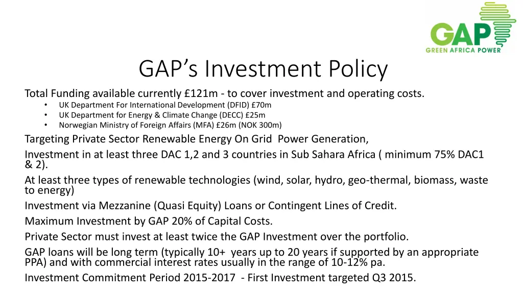 gap s investment policy total funding available