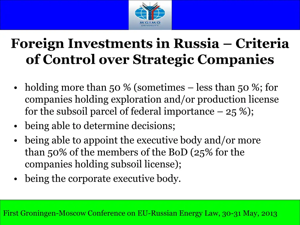 foreign investments in russia criteria of control