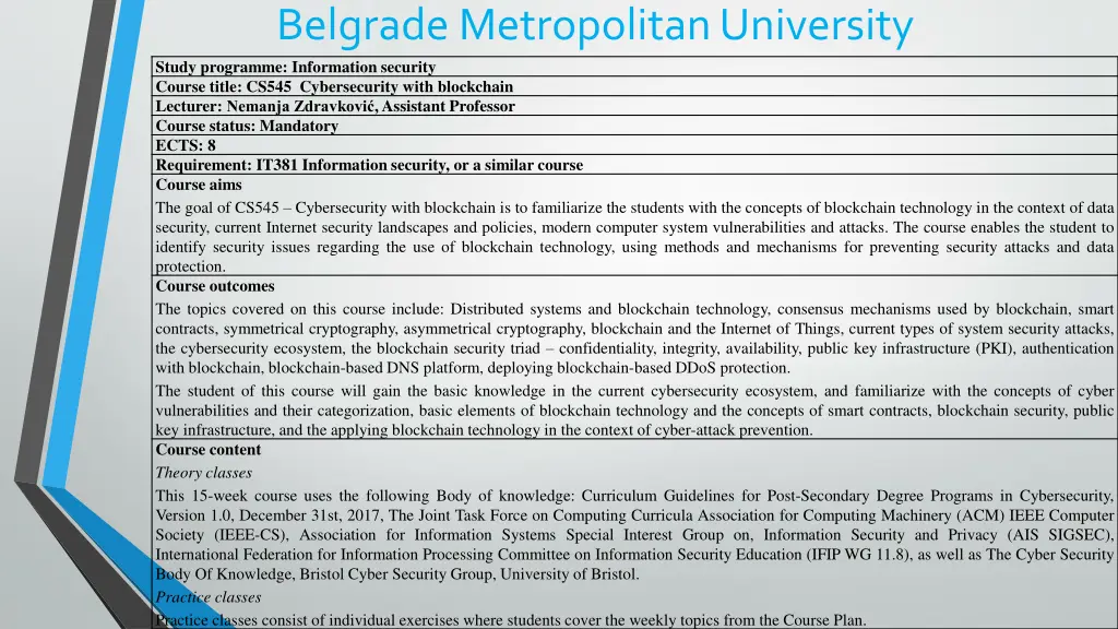 belgrade metropolitan university study programme